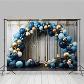 Aperturee - Aperturee Blue Balloons Arch White Gold Wall Photo Backdrop